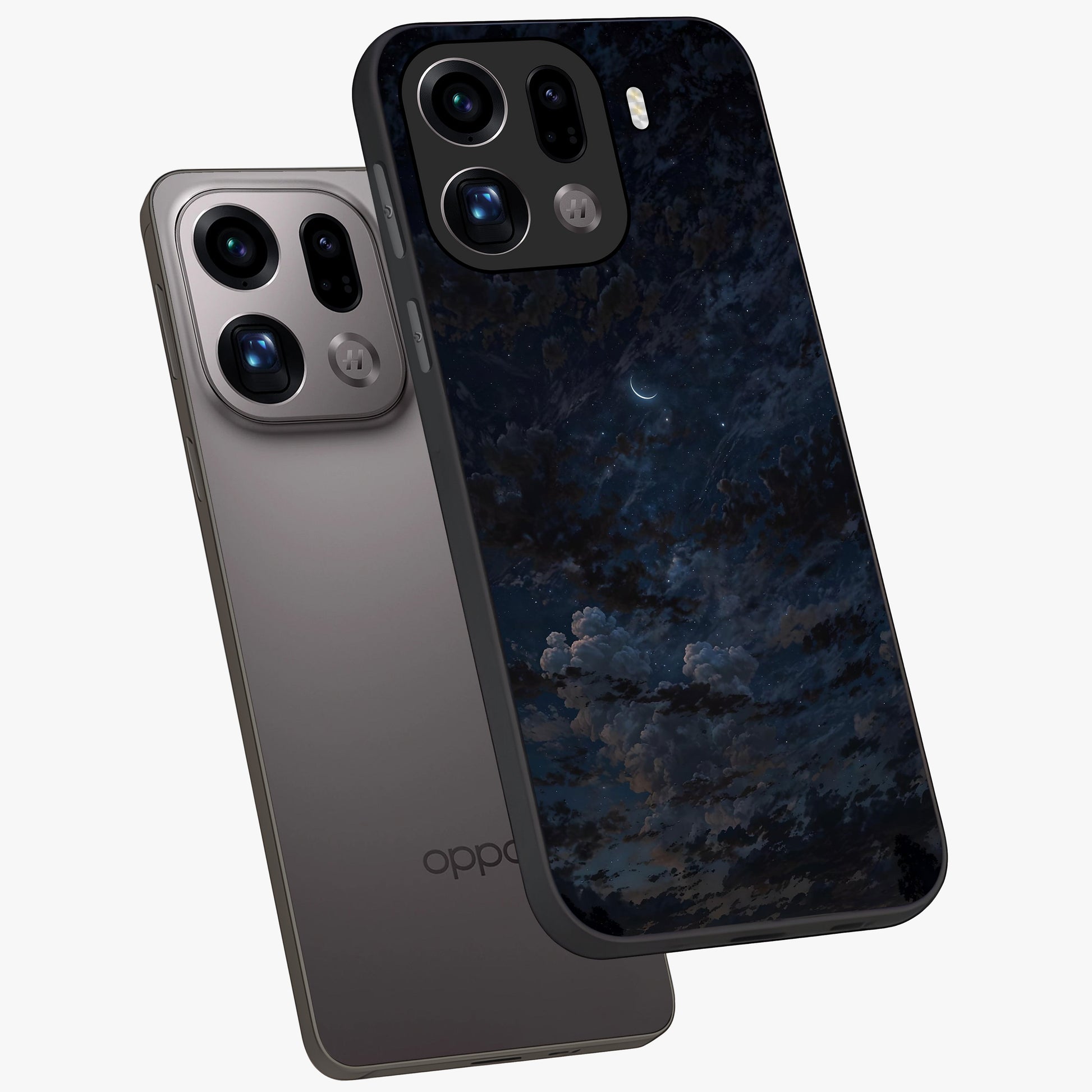 Lunar Veil Silence Glass Case displayed in angled mockup highlighting soft lunar design with peaceful celestial aesthetic.