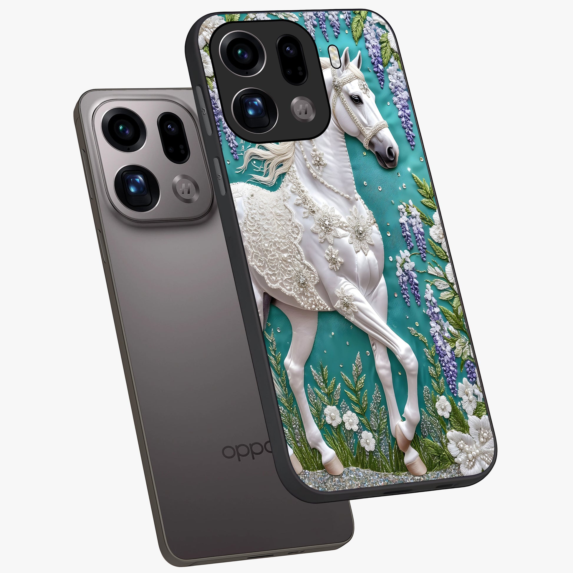 Majestic Floral Stallion Glass Case displayed in angled mockup highlighting majestic stallion illustration with elegant floral aesthetic.