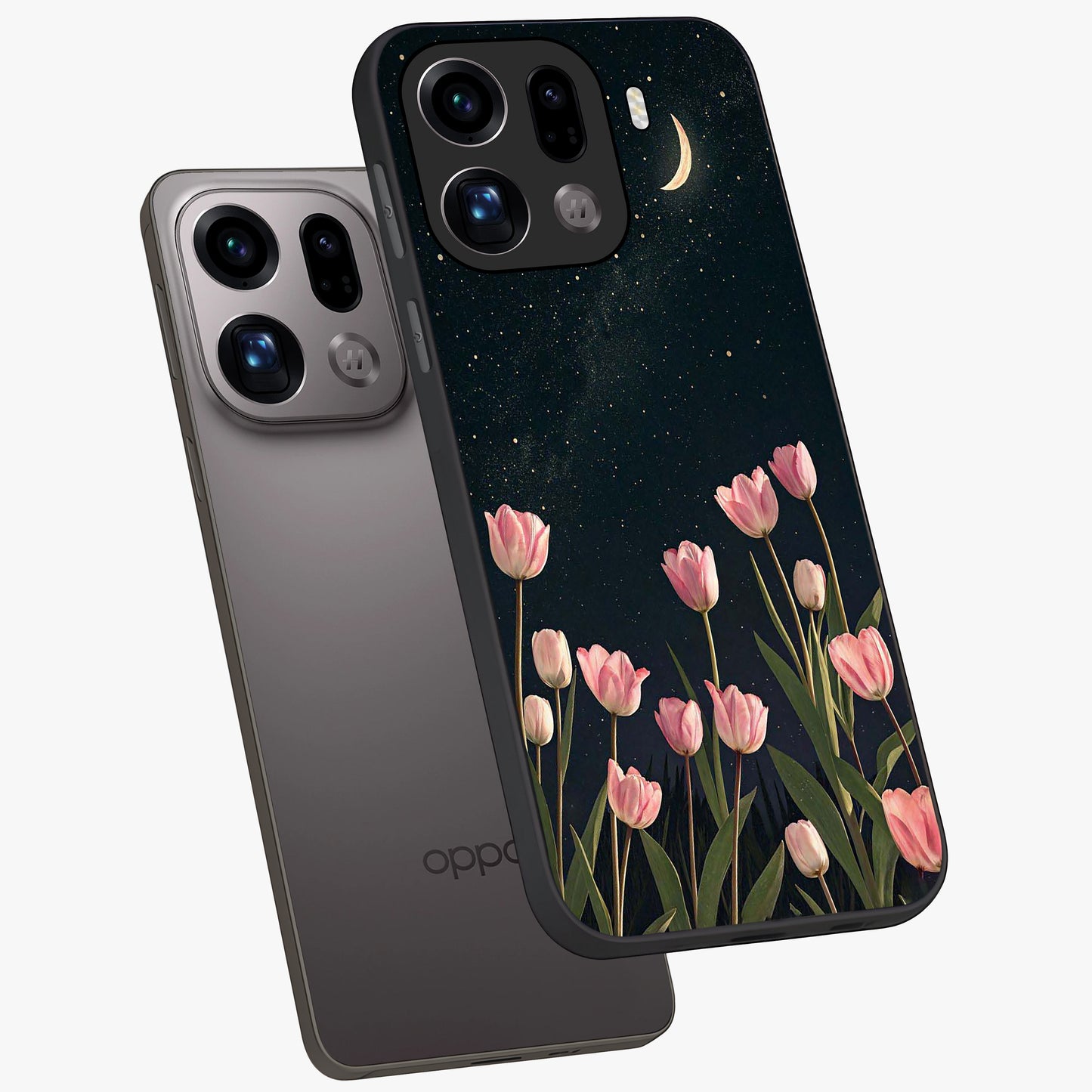 Midnight Tulip Whispers Vibe Glass Case displayed in angled mockup highlighting delicate tulip design with midnight floral aesthetic.