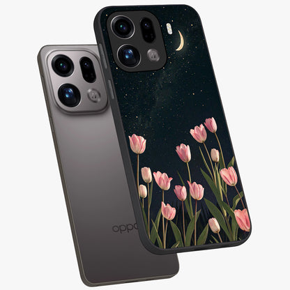 Midnight Tulip Whispers Vibe Glass Case displayed in angled mockup highlighting delicate tulip design with midnight floral aesthetic.