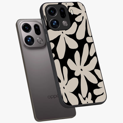 Monochrome Petal Dance Glass Case displayed in angled mockup highlighting elegant petal design with black and white aesthetic.