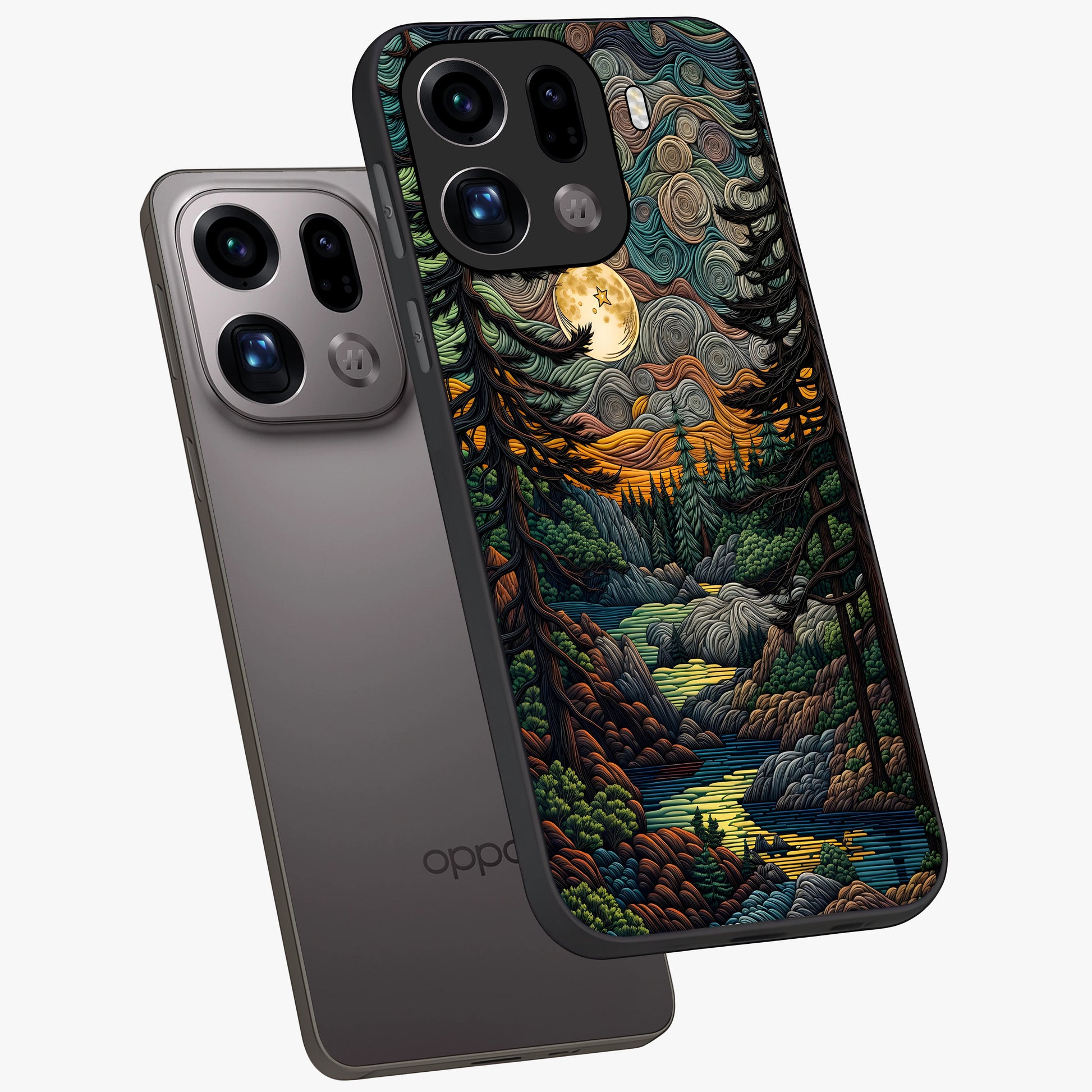 Moonlight Forest Dream Glass Case displayed in angled mockup highlighting dreamy forest design with glowing moon aesthetic.