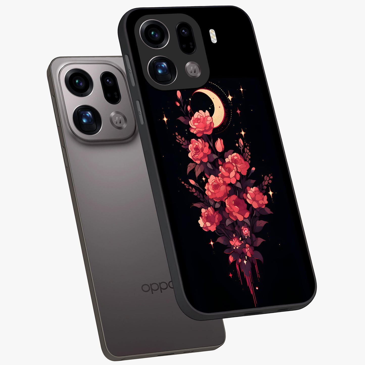 Moonlit Floral Elegance Glass Case displayed in angled mockup highlighting graceful flower design with soft moonlight aesthetic.