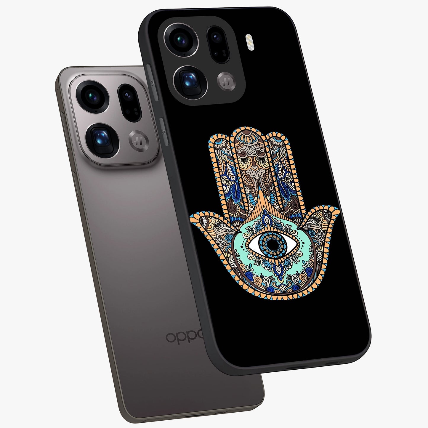 Mystic Hamsa Eye Glass Case displayed in angled mockup highlighting spiritual hamsa symbol with mystical aesthetic style.