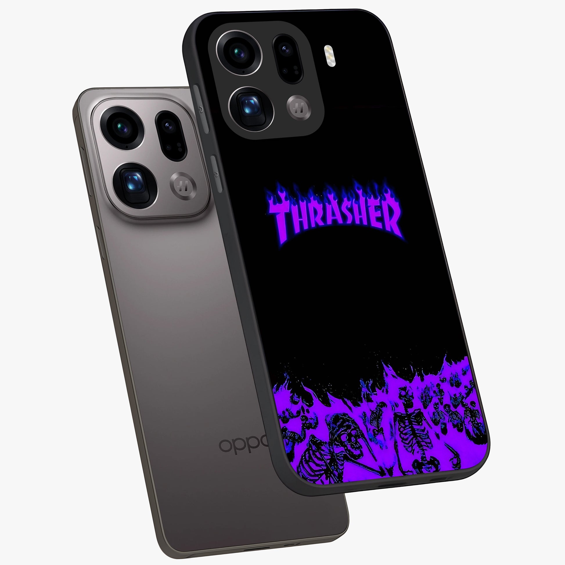 Neon Flame Riot Glass Case displayed in angled mockup highlighting glowing flame design with vibrant neon aesthetic.