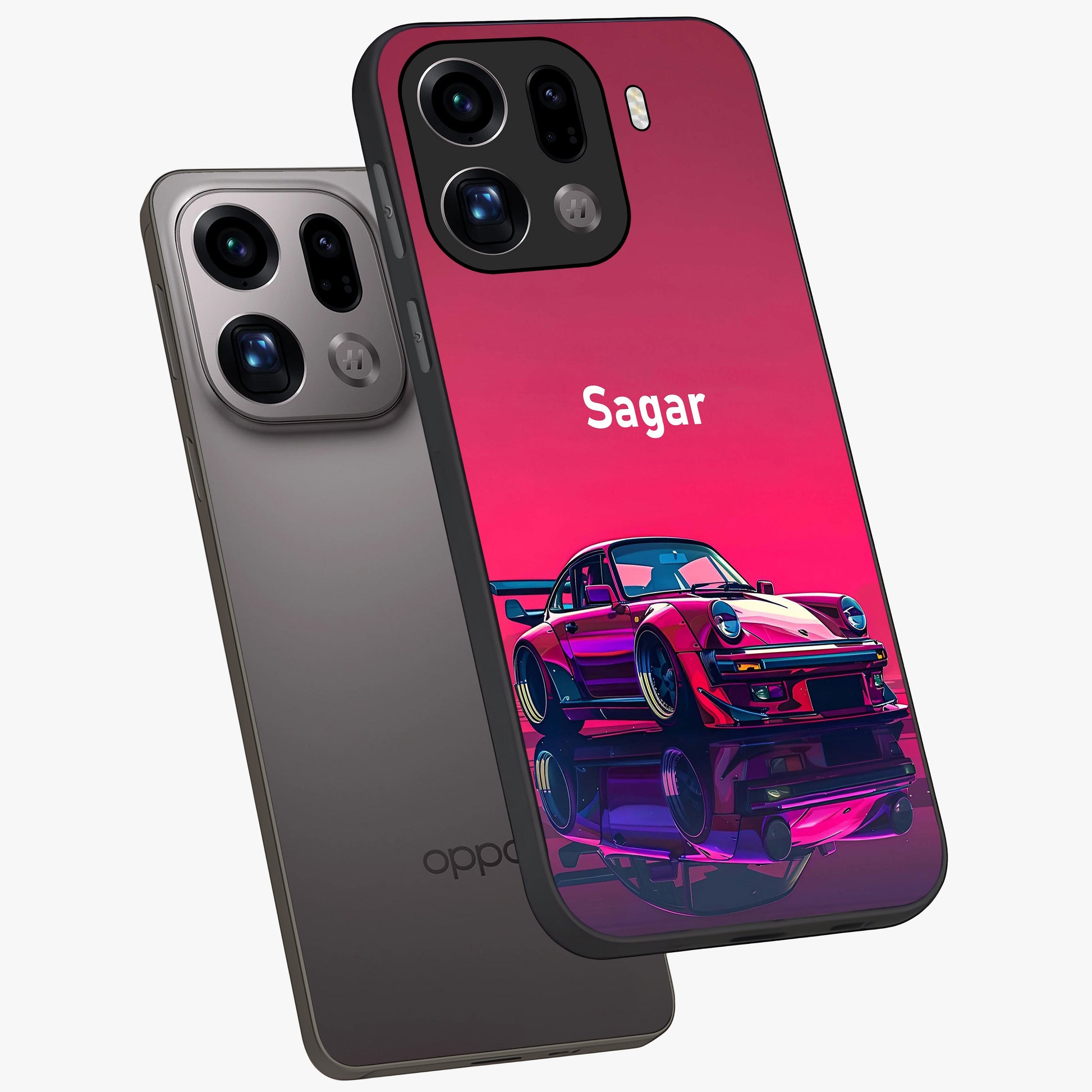 Neon Pink Porsche Glass Case displayed in angled mockup highlighting sleek neon pink car design with racing aesthetic.