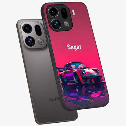 Neon Pink Porsche Glass Case displayed in angled mockup highlighting sleek neon pink car design with racing aesthetic.