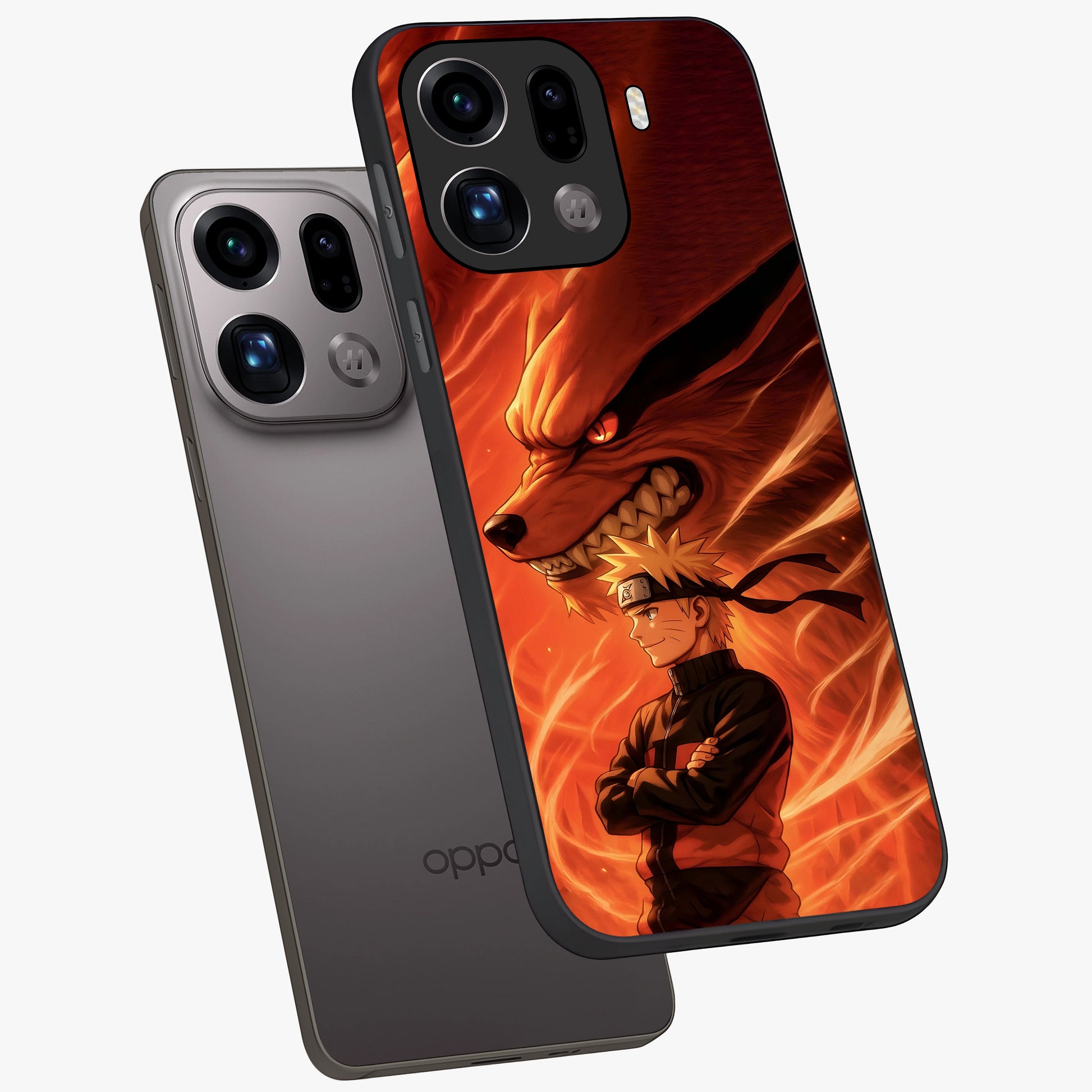 Nine Tails Legacy Glass Case displayed in angled mockup highlighting dynamic anime beast illustration with bold mystical aesthetic.