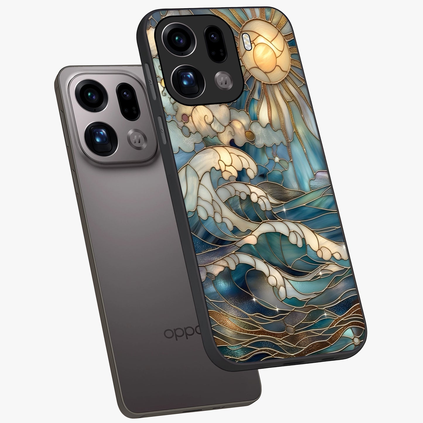 Oceanic Stained Printed Glass Case displayed in angled mockup highlighting colorful aquatic design with artistic aesthetic style.
