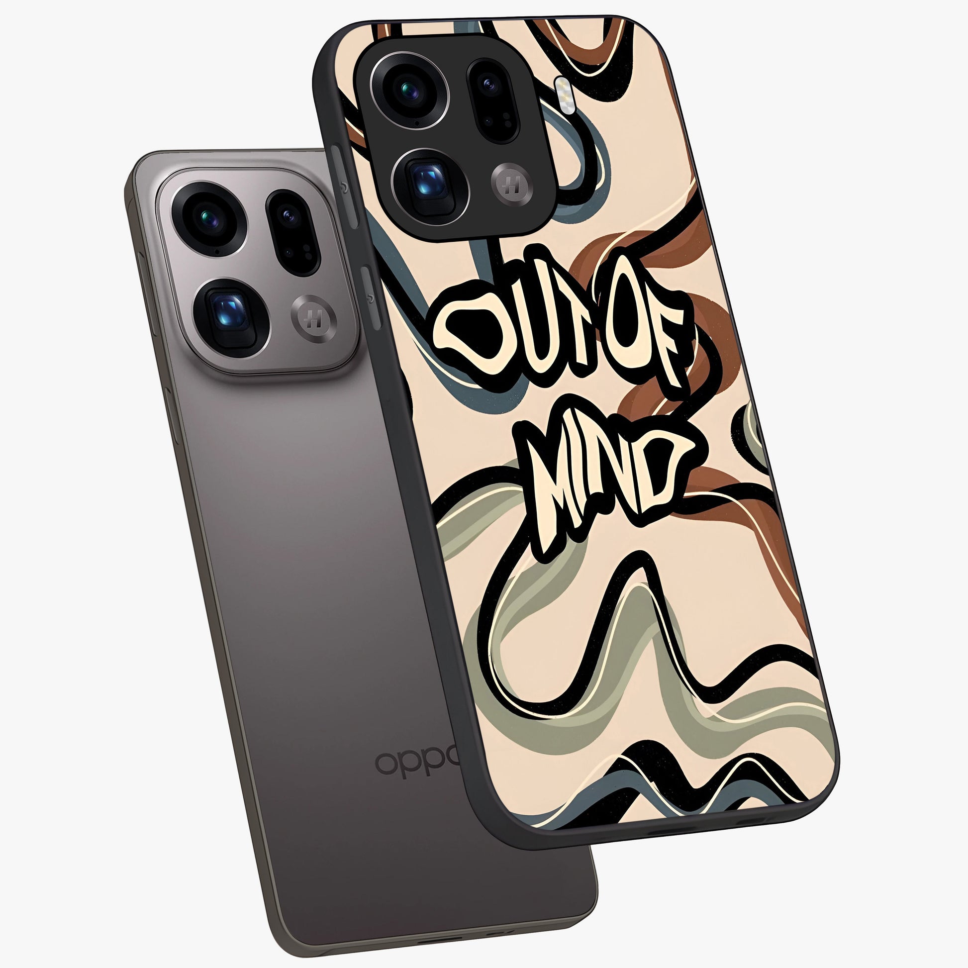 Out Of Mind Glass Case displayed in angled mockup highlighting bold statement design with modern artistic aesthetic.
