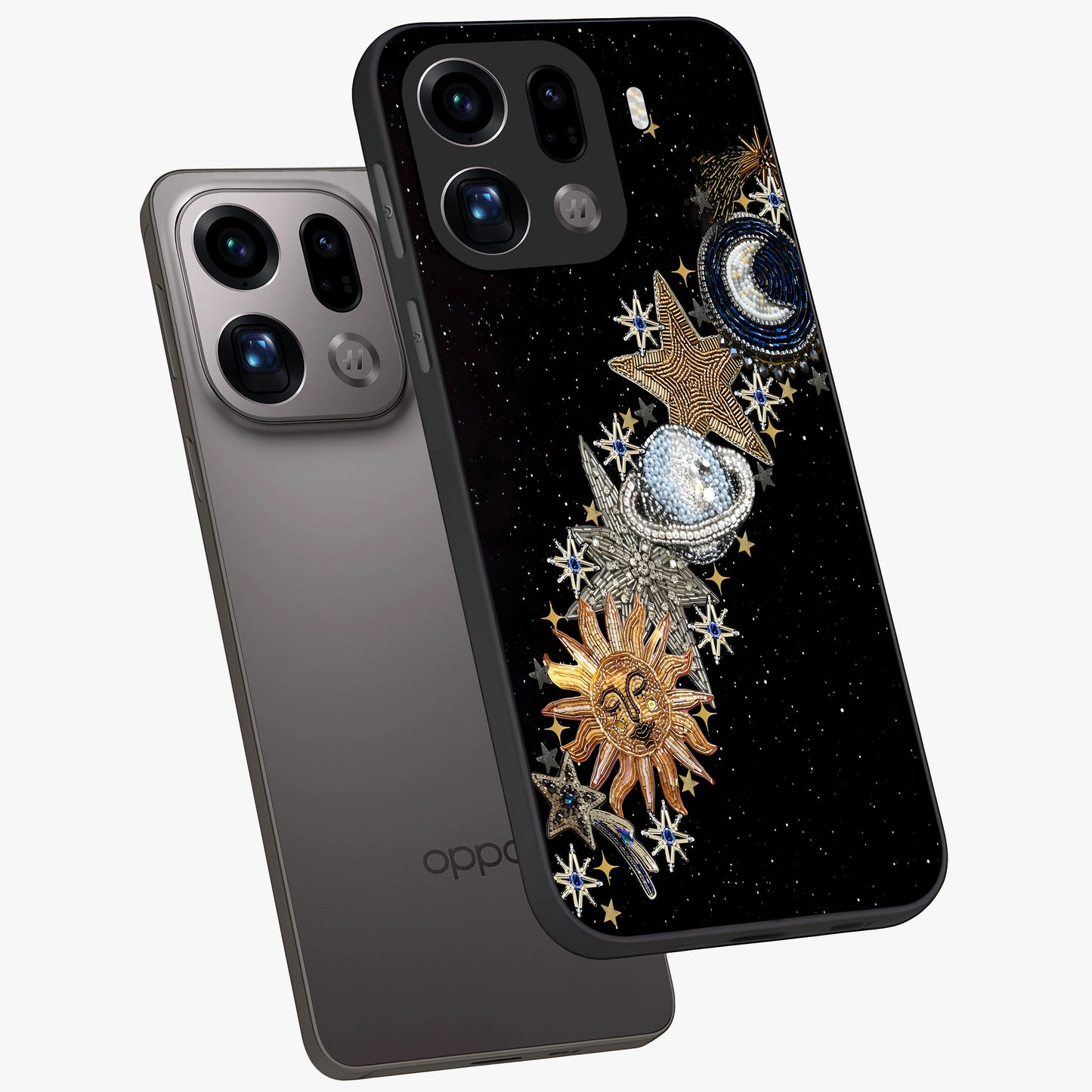 Pearls Universe Object Glass Case displayed in angled mockup highlighting celestial pearl design with dreamy aesthetic.