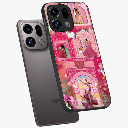 Pink Palace Muse Glass Case displayed in angled mockup highlighting dreamy palace illustration with soft pink aesthetic.