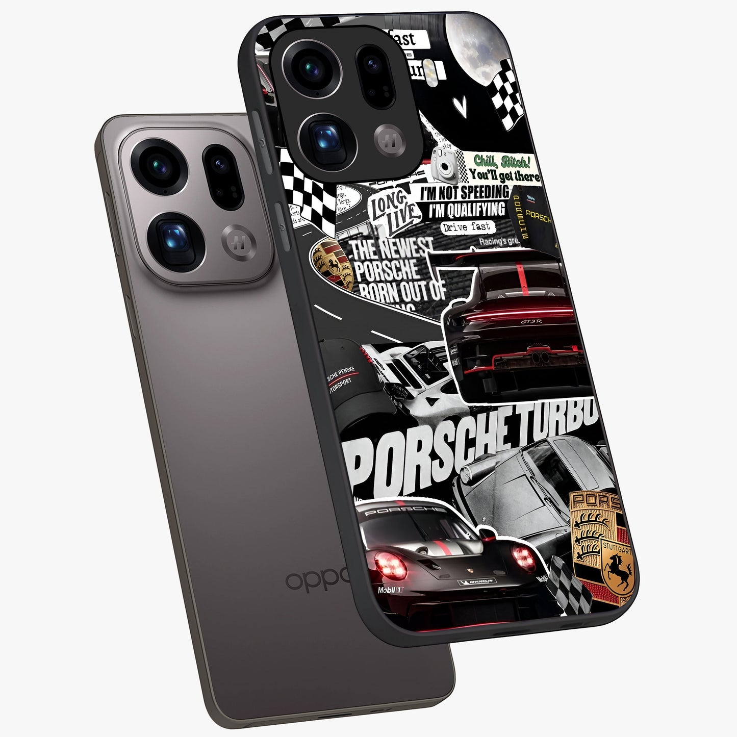 Porsche Racing Collage Glass Case displayed in angled mockup highlighting dynamic automotive design with bold racing aesthetic.