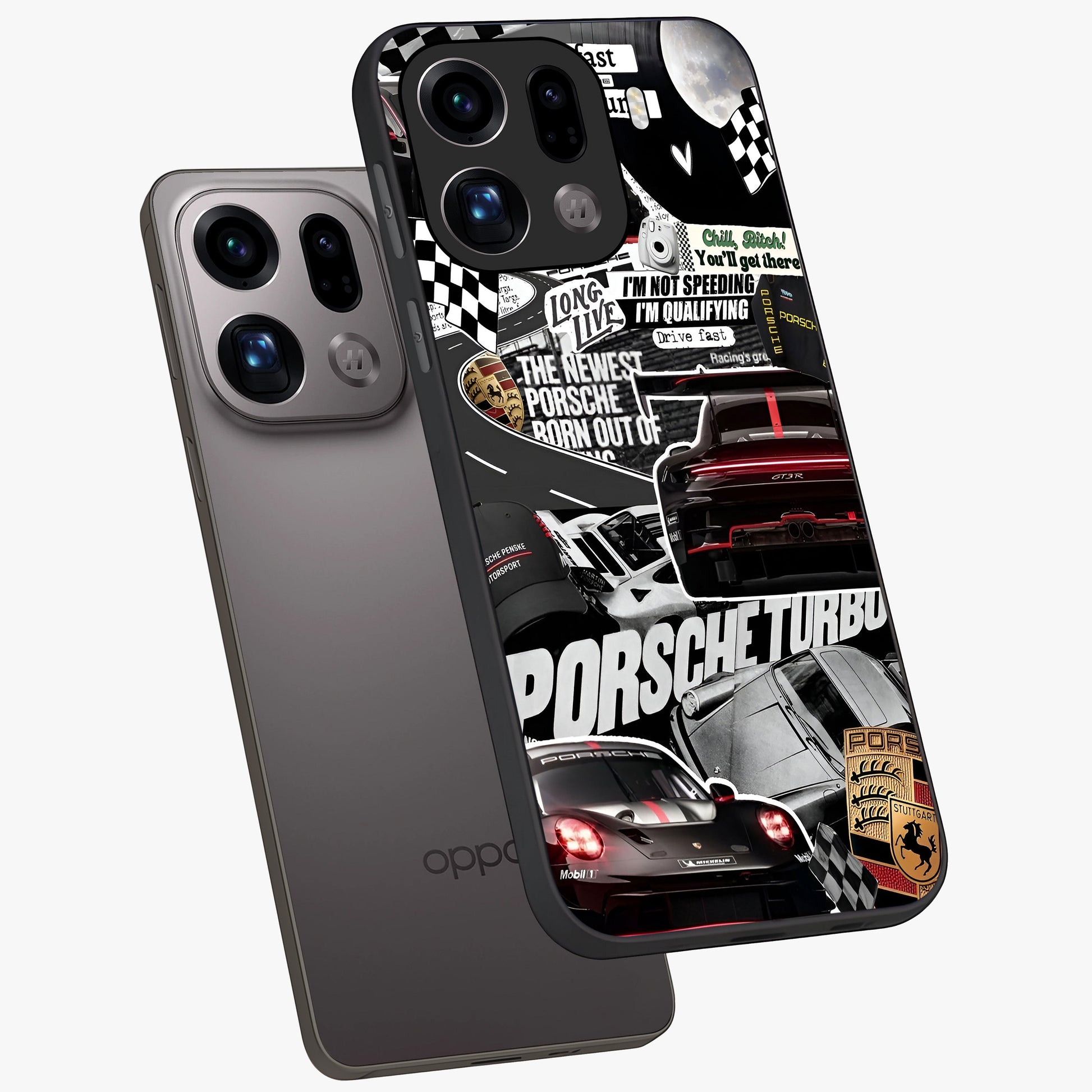 Porsche Racing Collage Glass Case displayed in angled mockup highlighting dynamic automotive design with bold racing aesthetic.