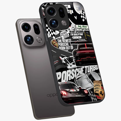 Porsche Racing Collage Glass Case displayed in angled mockup highlighting dynamic automotive design with bold racing aesthetic.