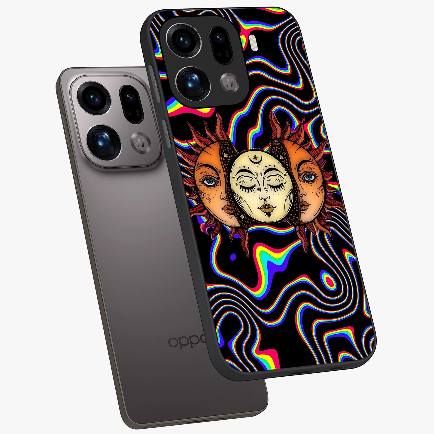 Psychedelic Sun Glass Case displayed in angled mockup highlighting vibrant abstract sun design with artistic aesthetic style.