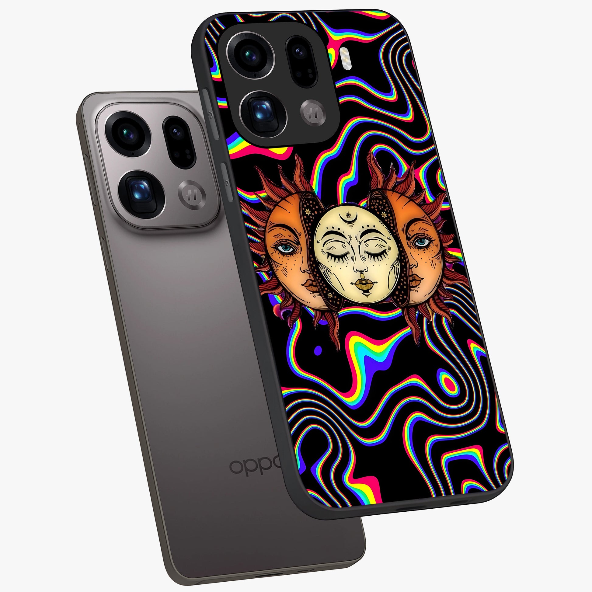 Psychedelic Sun Glass Case displayed in angled mockup highlighting vibrant abstract sun design with artistic aesthetic style.