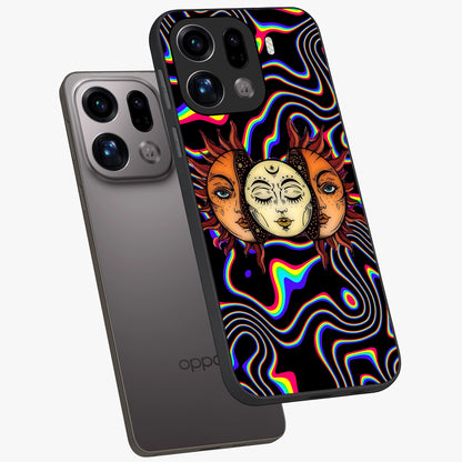 Psychedelic Sun Glass Case displayed in angled mockup highlighting vibrant abstract sun design with artistic aesthetic style.