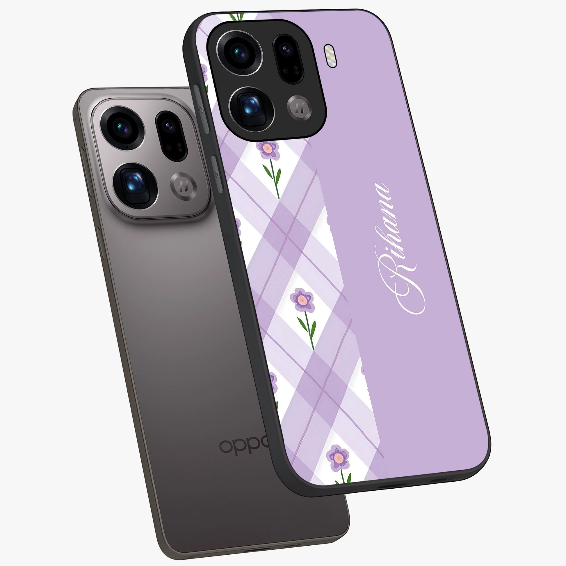 Purple Diamond Floral Glass Case displayed in angled mockup highlighting elegant purple flower design with decorative pattern.