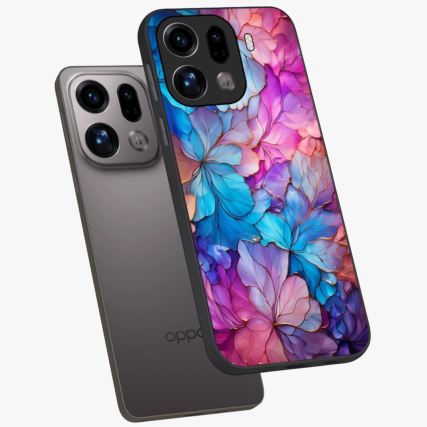 Radiant Floral Whirl Glass Case displayed in angled mockup highlighting vibrant flower pattern with dynamic artistic aesthetic.