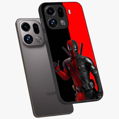 Red & Black Deadpool Theme Glass Case displayed in angled mockup highlighting vibrant superhero style illustration with action aesthetic.
