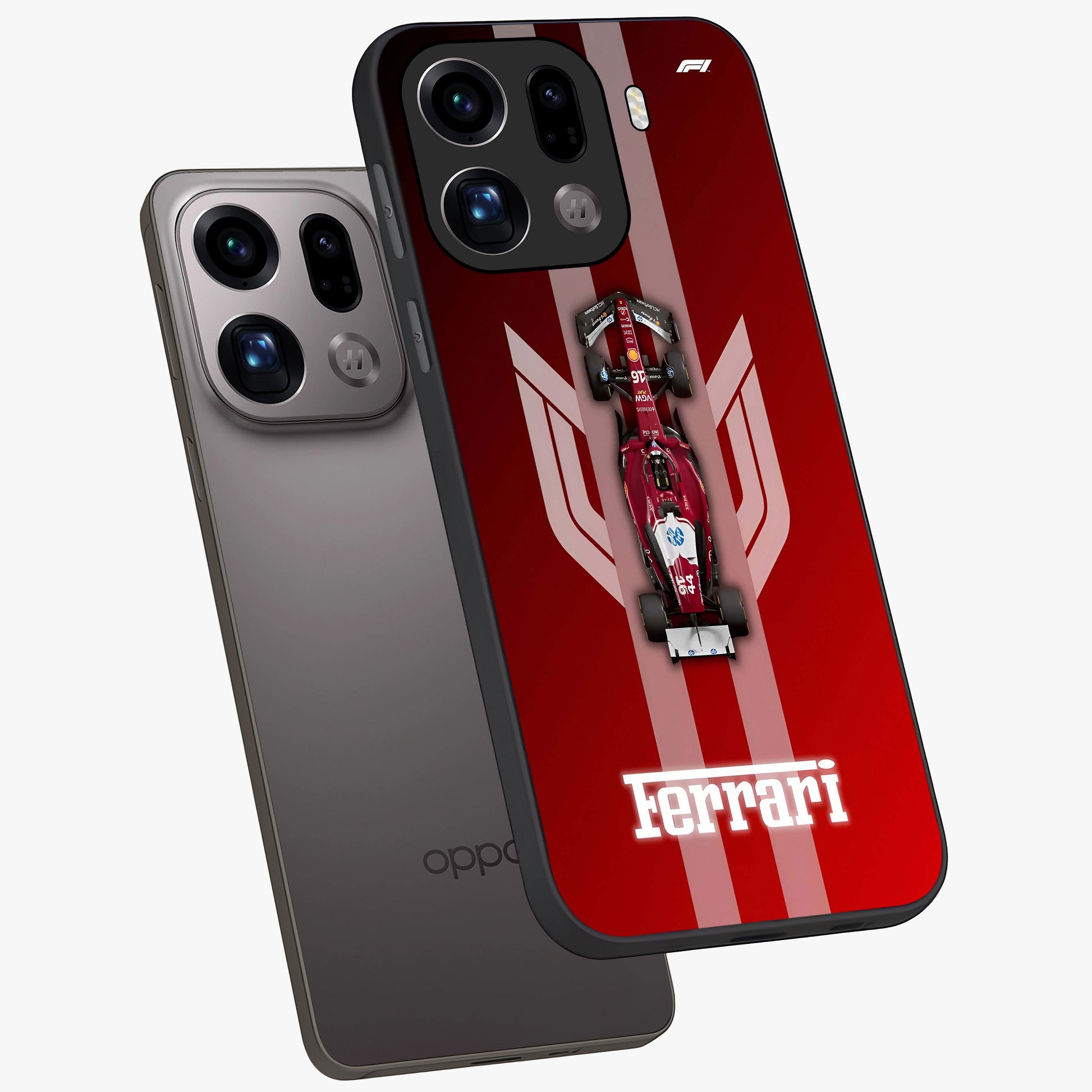 Red Ferrari F1 Vertical Glass Case displayed in angled mockup highlighting high speed racing design with bold automotive aesthetic.