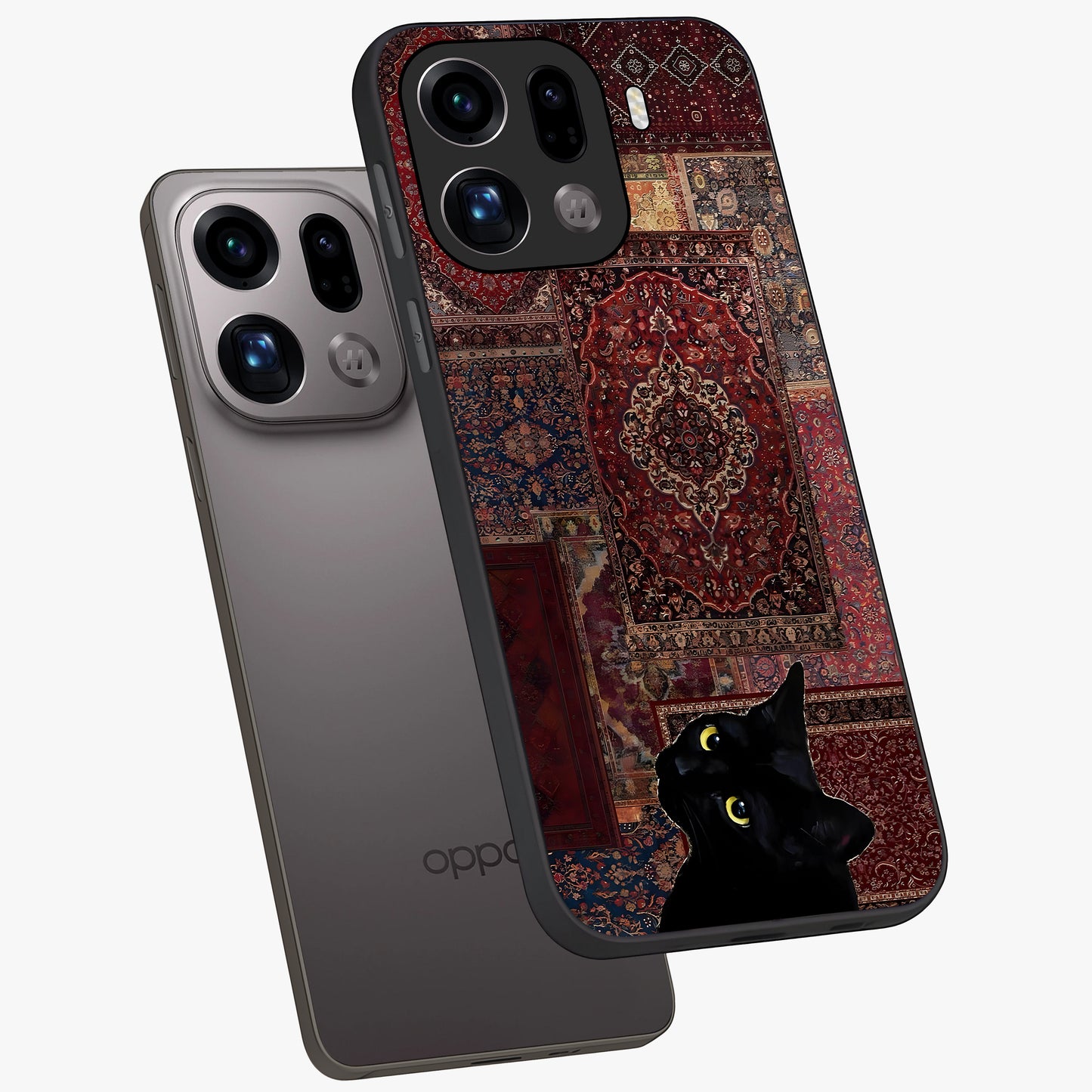 Regal Magic Cat Apple Glass Case displayed in angled mockup highlighting whimsical feline design with fantasy aesthetic.
