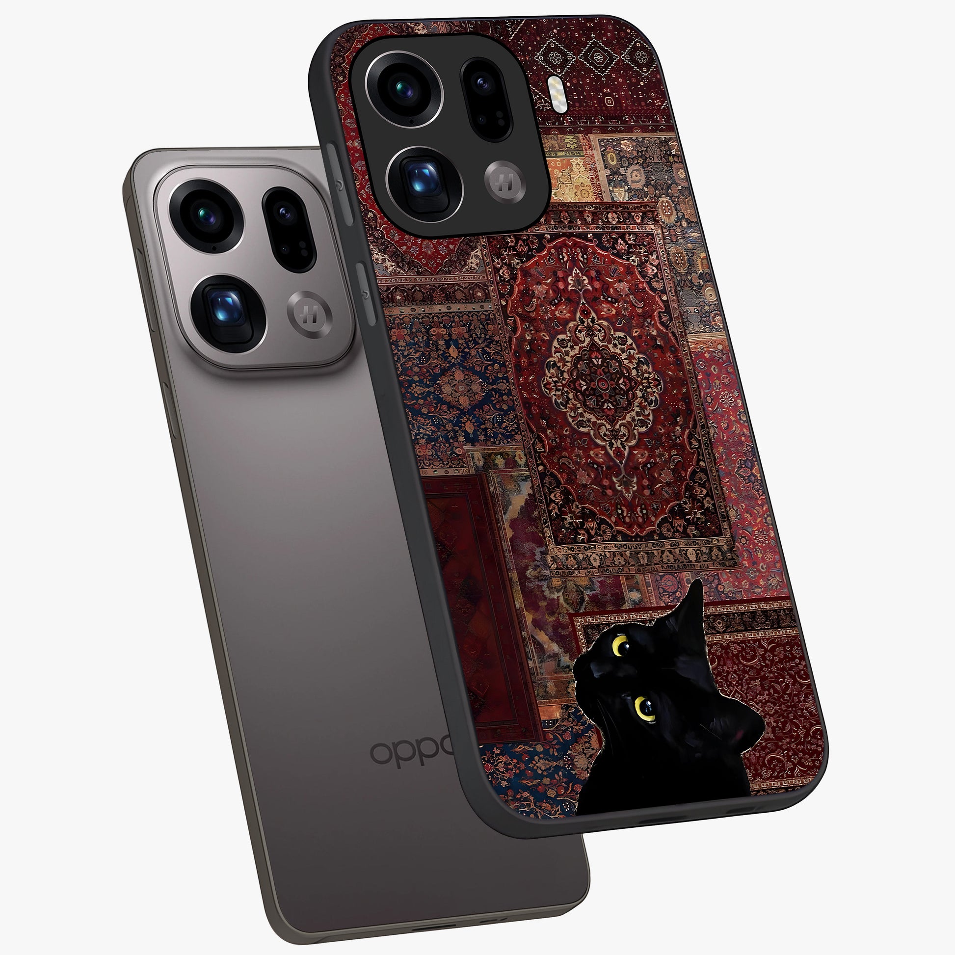 Regal Magic Cat Apple Glass Case displayed in angled mockup highlighting whimsical feline design with fantasy aesthetic.