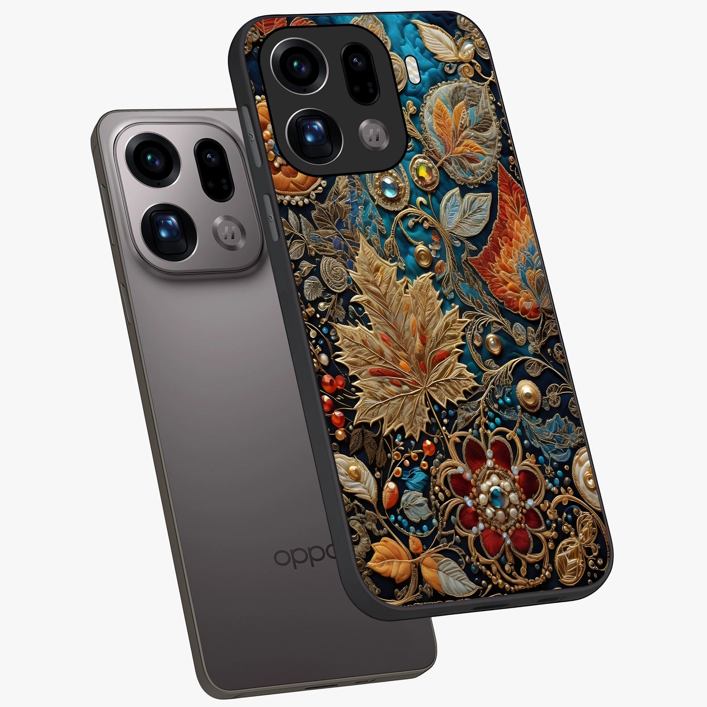 Royal Jewel Garden Glass Case displayed in angled mockup highlighting vibrant jewel inspired floral design with elegant aesthetic.