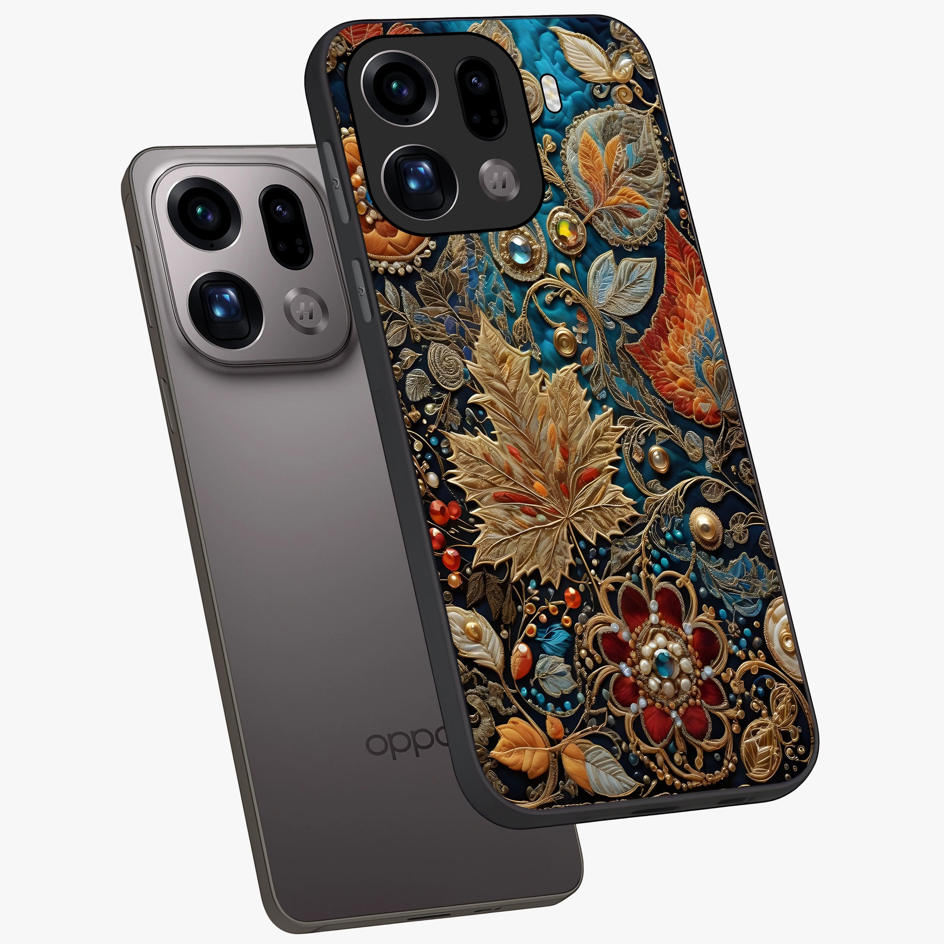 Royal Jewel Garden Glass Case displayed in angled mockup highlighting vibrant jewel inspired floral design with elegant aesthetic.