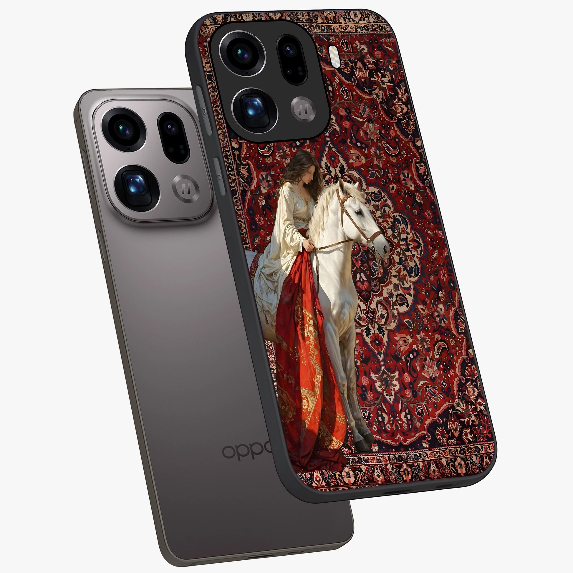 Royal Rider Tapestry Glass Case displayed in angled mockup highlighting traditional tapestry design with royal heritage aesthetic.
