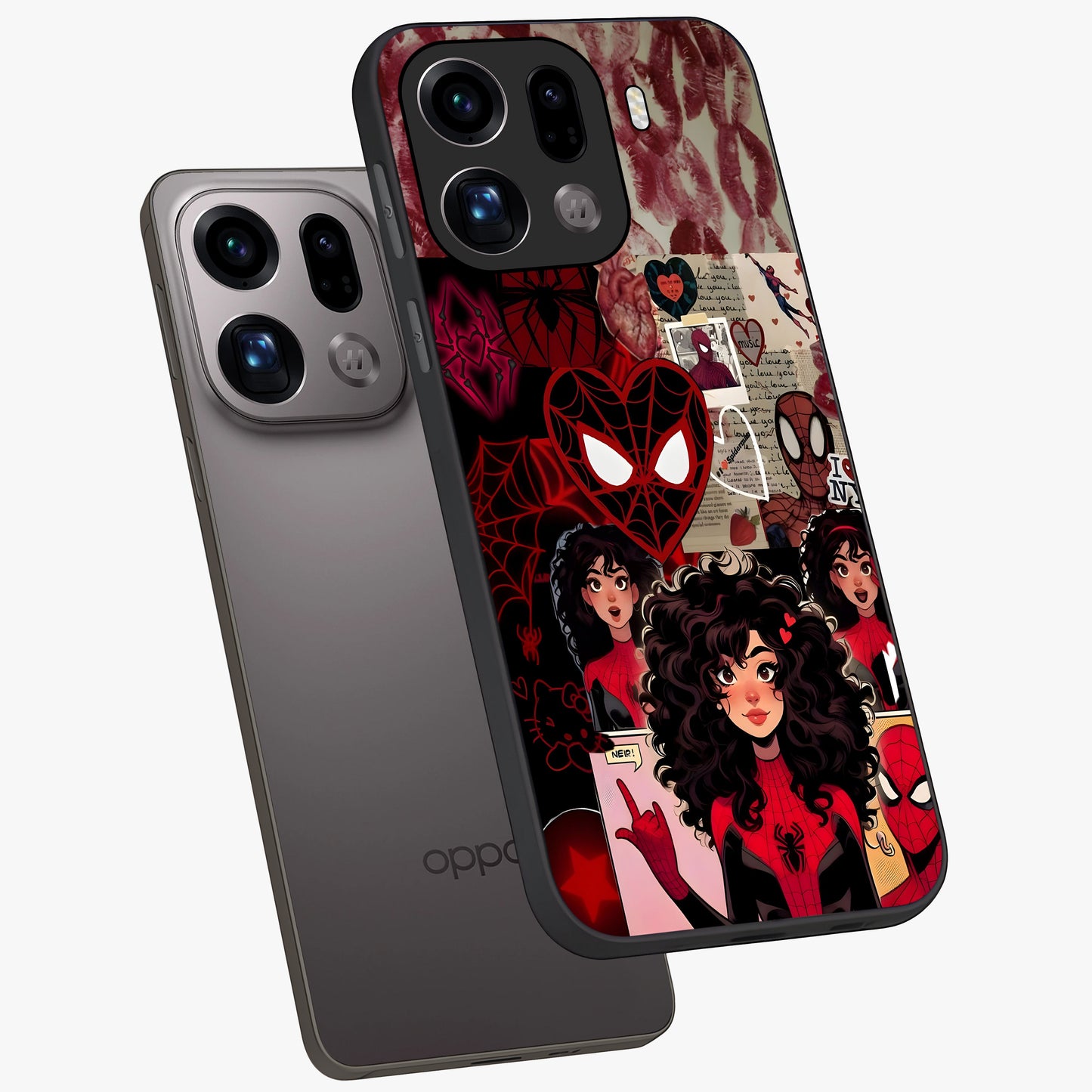 Spider Love Story Glass Case displayed in angled mockup highlighting expressive comic inspired design with playful aesthetic.