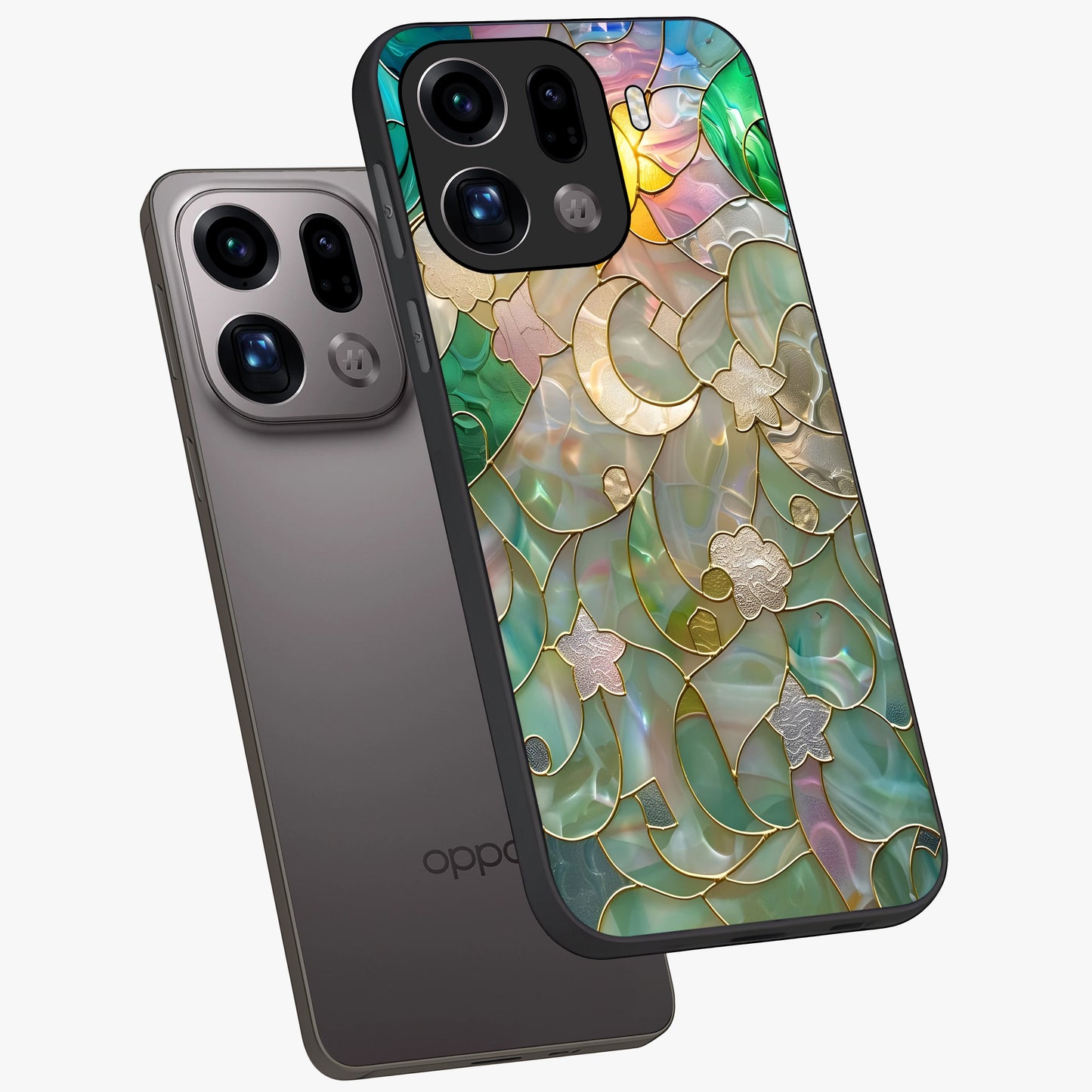 Stained Sunrise Glow Glass Case displayed in angled mockup highlighting radiant sunrise design with artistic aesthetic style.
