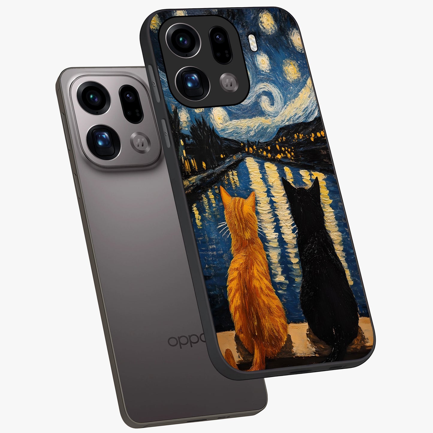 Starry River Cats Glass Case displayed in angled mockup highlighting charming feline illustration with dreamy night aesthetic.
