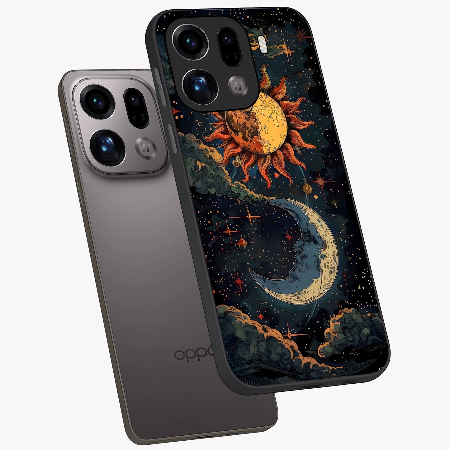 Sun And Moon Magic Design Glass Case displayed in angled mockup highlighting celestial design with magical cosmic aesthetic.