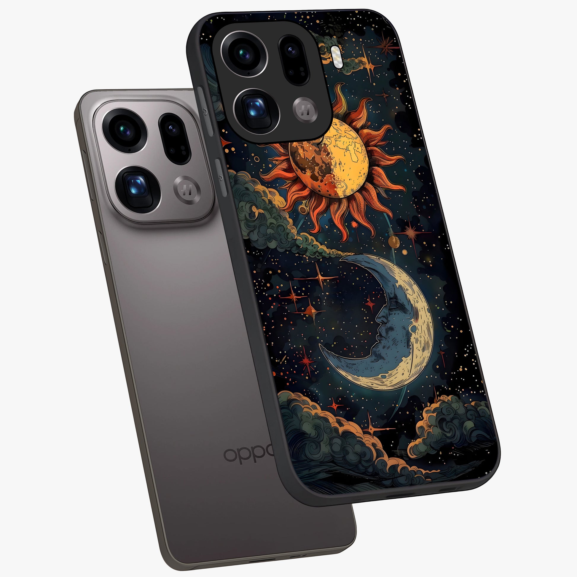 Sun And Moon Magic Design Glass Case displayed in angled mockup highlighting celestial design with magical cosmic aesthetic.