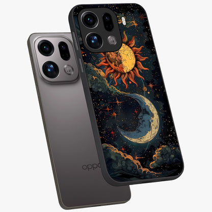 Sun And Moon Magic Design Glass Case displayed in angled mockup highlighting celestial design with magical cosmic aesthetic.