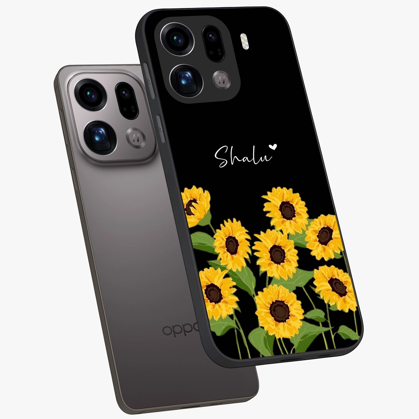 Sunflower Chic Mood Custom Name Glass Case displayed in angled mockup highlighting vibrant sunflower design with custom name feature.