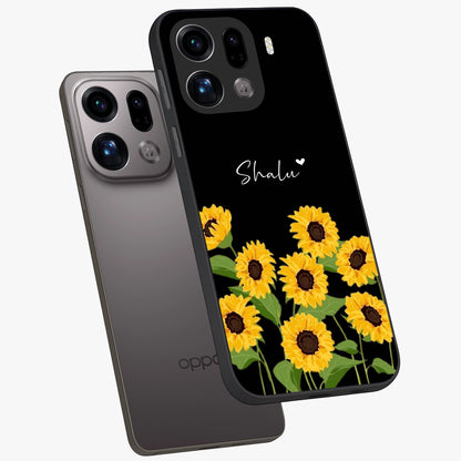 Sunflower Chic Mood Custom Name Glass Case displayed in angled mockup highlighting vibrant sunflower design with custom name feature.
