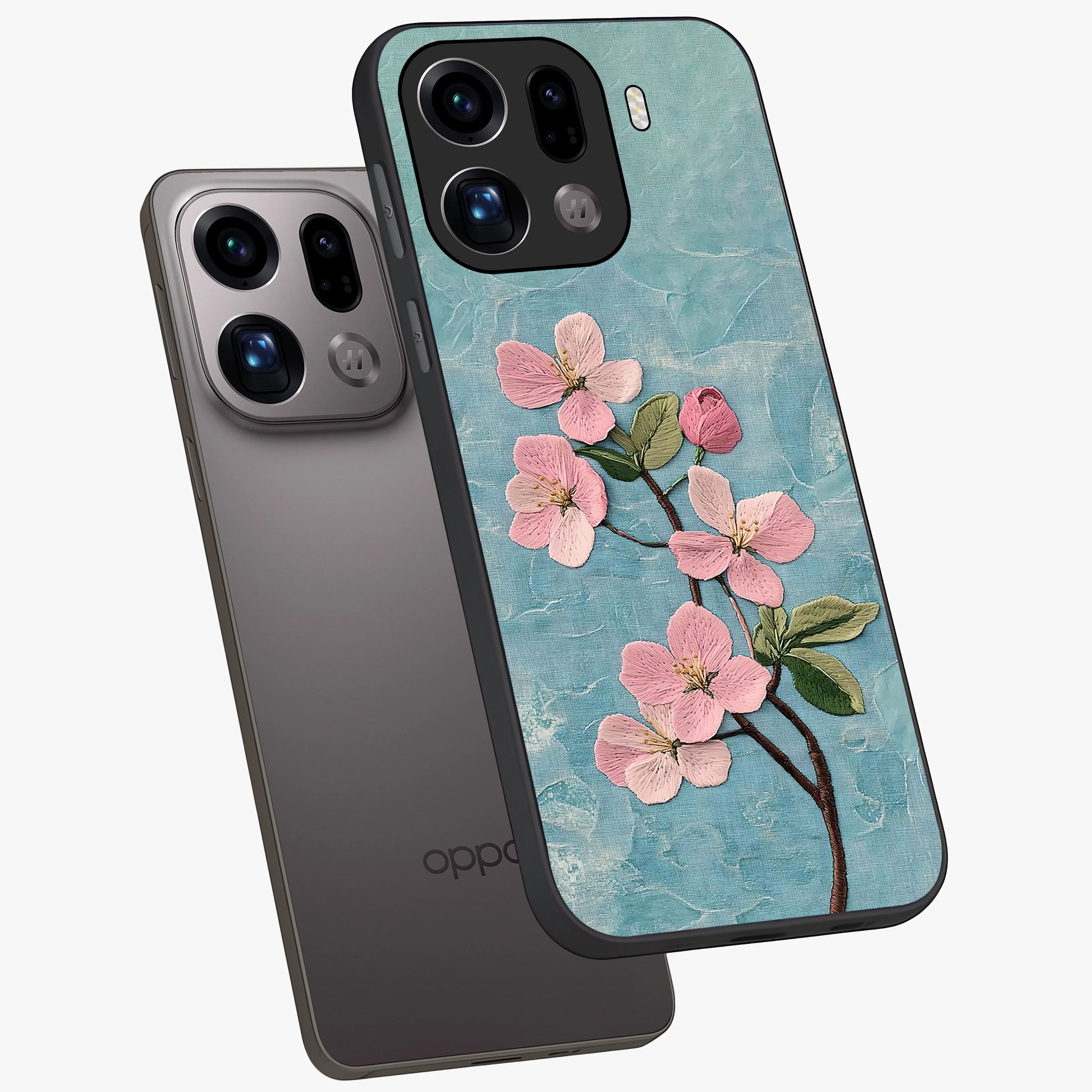 Threaded Blossom Breeze Glass Case displayed in angled mockup highlighting elegant floral design with soft aesthetic style.