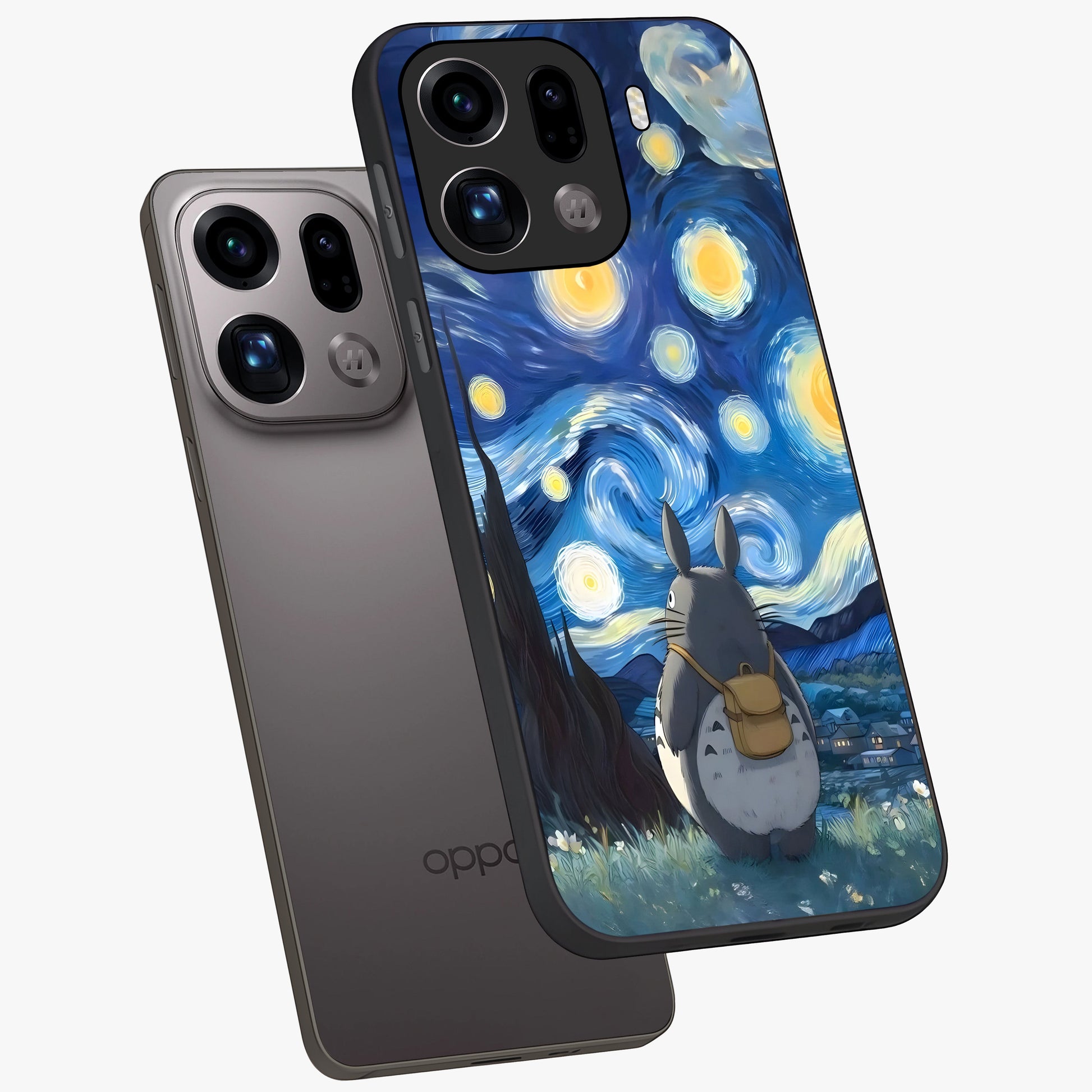 Totoro In Van Gogh Art Glass Case displayed in angled mockup highlighting artistic swirling sky design with playful animation aesthetic.