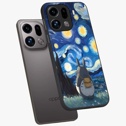 Totoro In Van Gogh Art Glass Case displayed in angled mockup highlighting artistic swirling sky design with playful animation aesthetic.