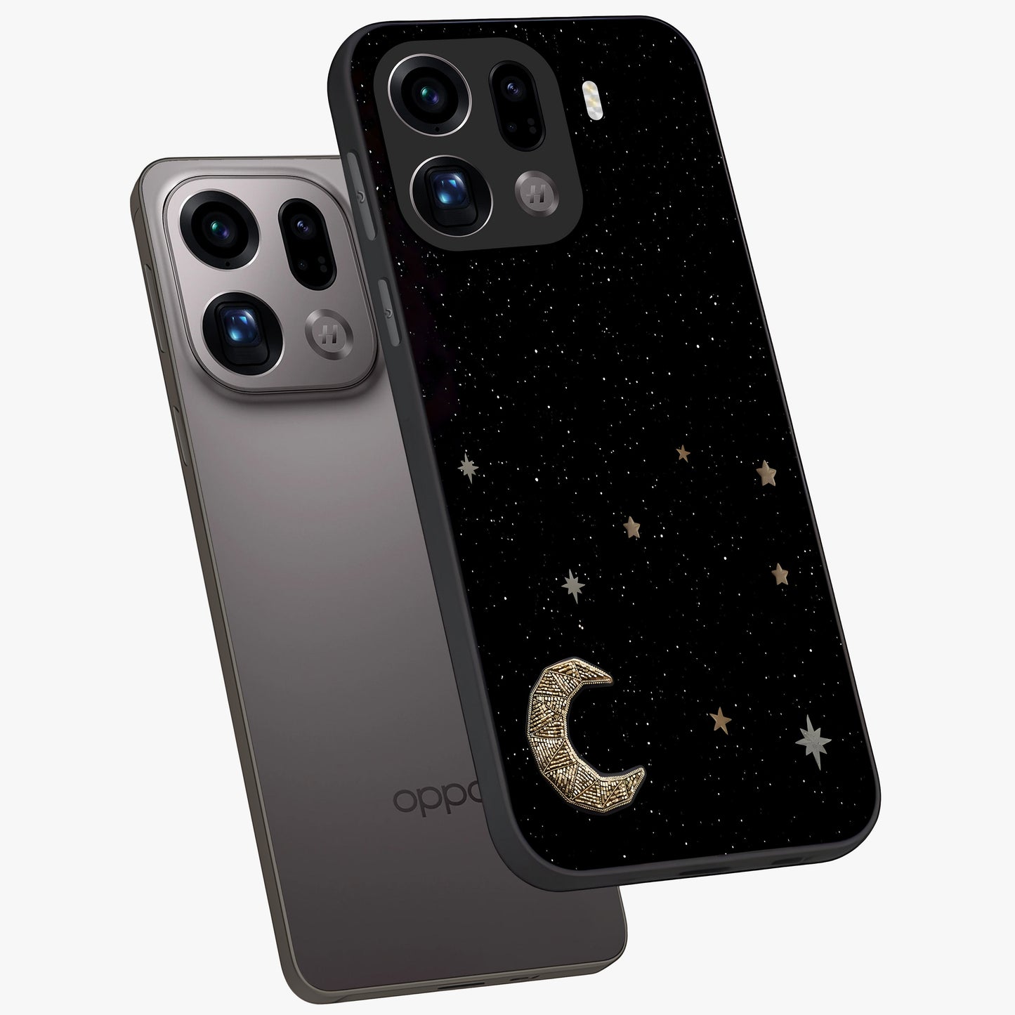 Twinkle Star With Half Moon Glass Case displayed in angled mockup highlighting celestial moon and star design with magical aesthetic.
