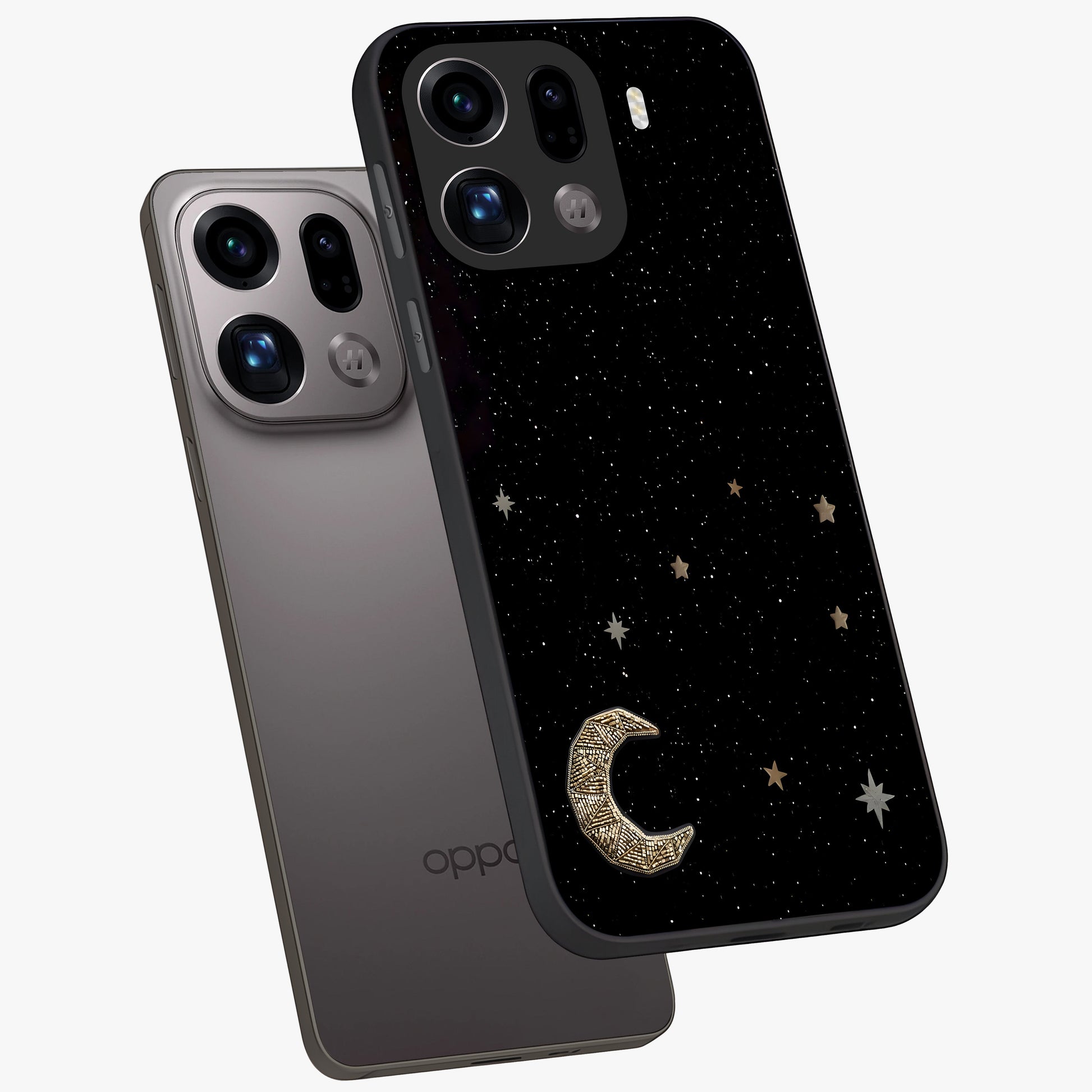 Twinkle Star With Half Moon Glass Case displayed in angled mockup highlighting celestial moon and star design with magical aesthetic.