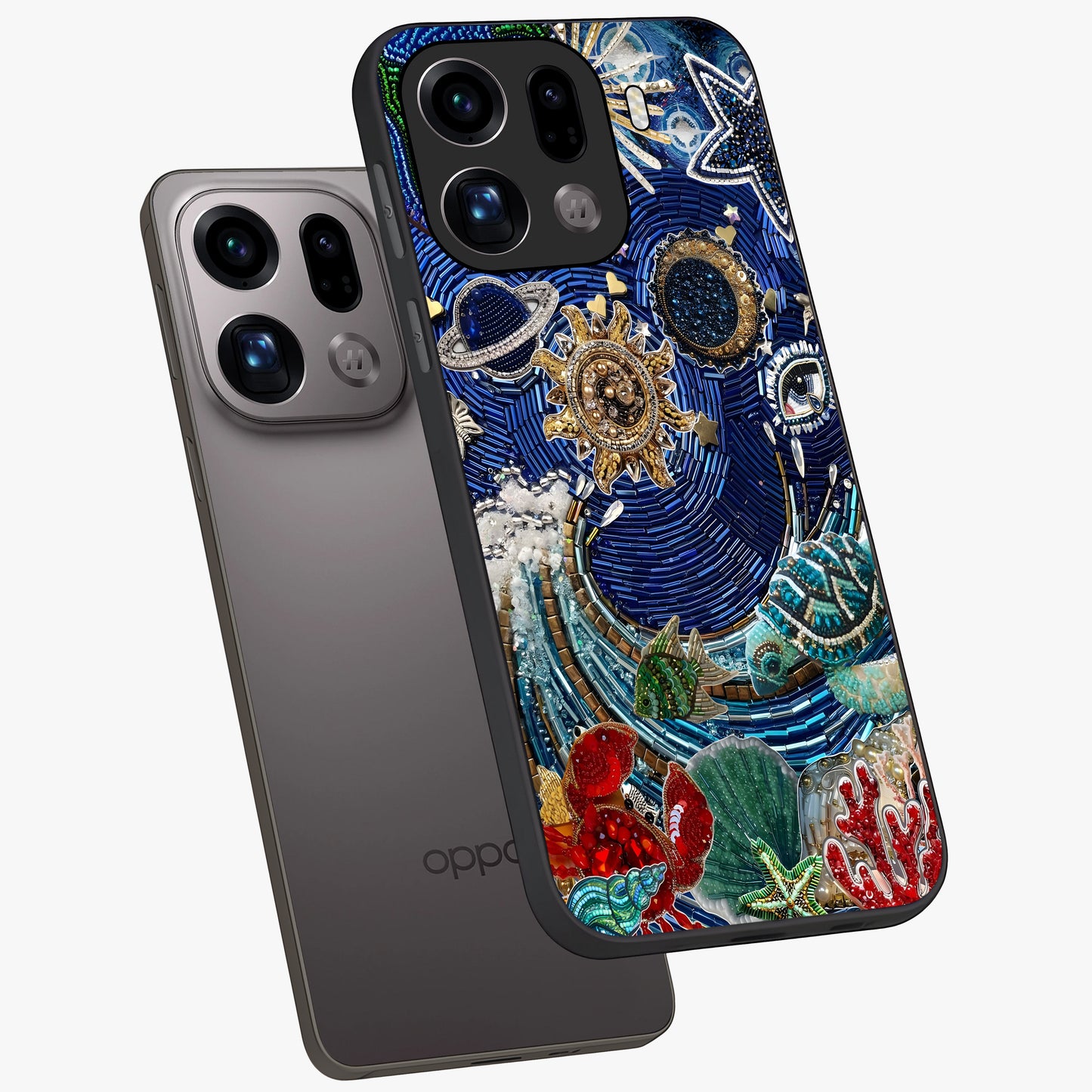 Universe Underwater Spark Glass Case displayed in angled mockup highlighting glowing aquatic design with celestial aesthetic.