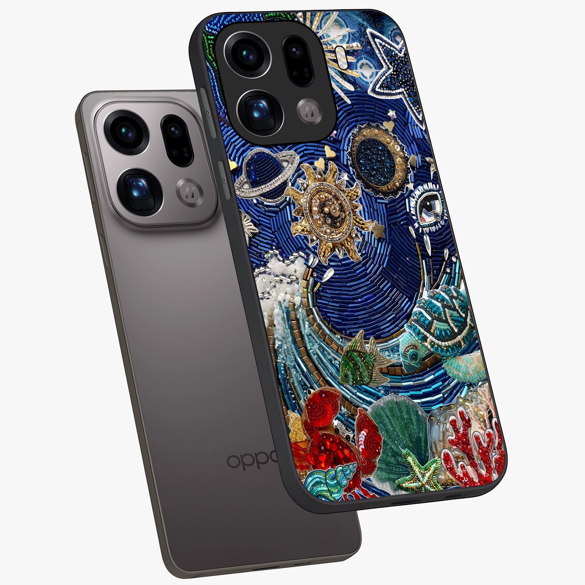 Universe Underwater Spark Glass Case displayed in angled mockup highlighting glowing aquatic design with celestial aesthetic.