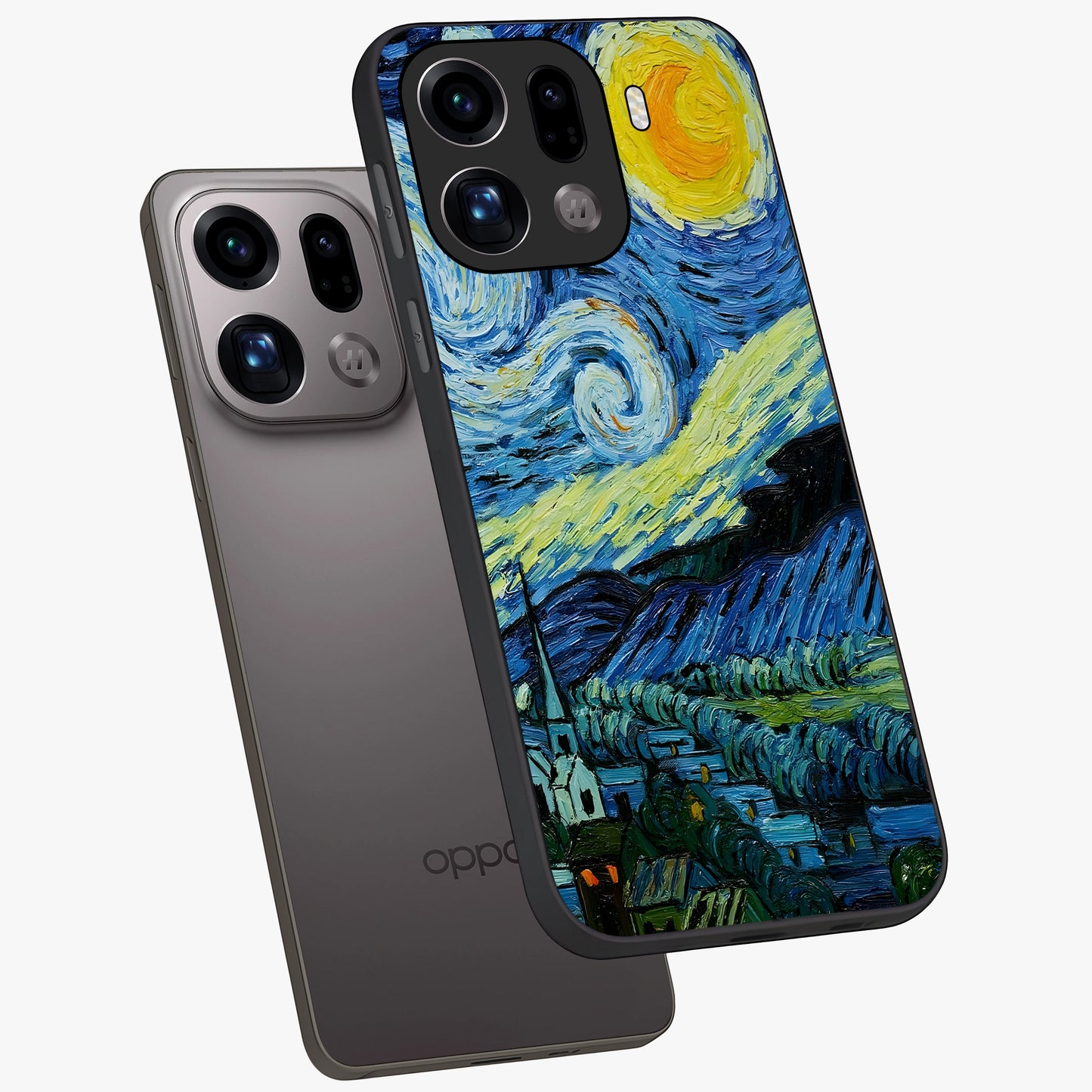 Van Gogh Art Glass Case displayed in angled mockup highlighting swirling brushstroke design with artistic aesthetic.