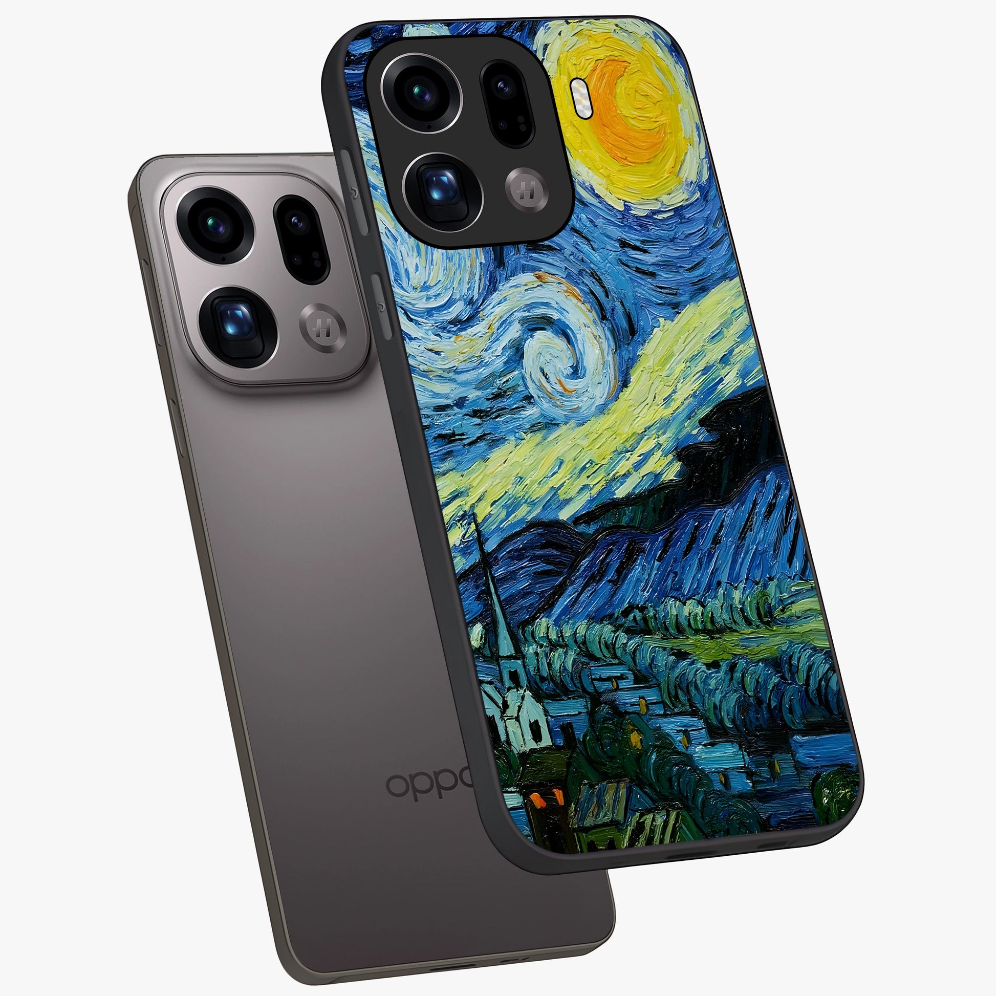 Van Gogh Art Glass Case displayed in angled mockup highlighting swirling brushstroke design with artistic aesthetic.