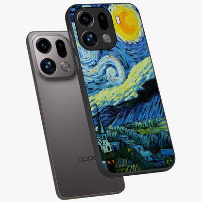 Van Gogh Art Glass Case displayed in angled mockup highlighting swirling brushstroke design with artistic aesthetic.