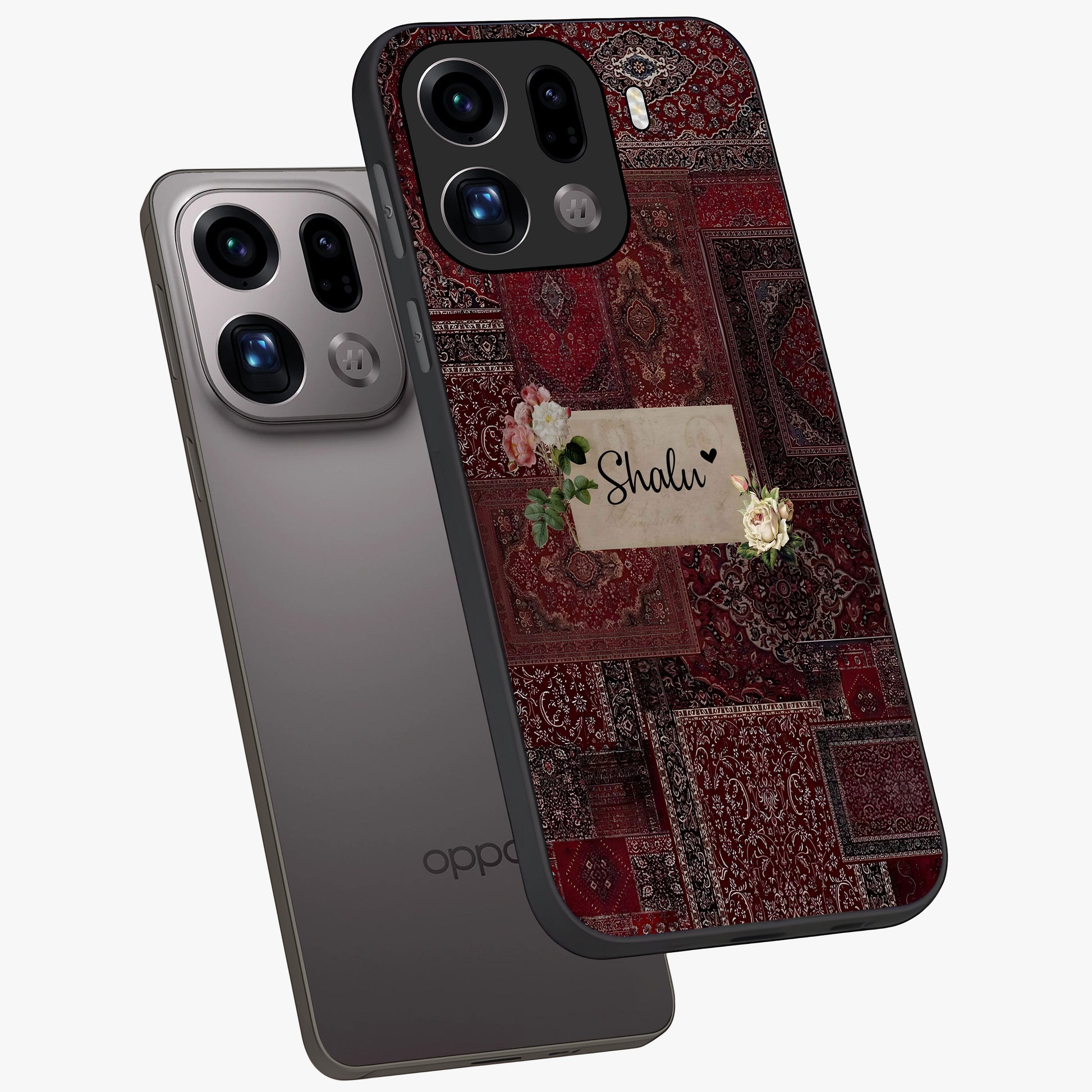 Velvet Wine Pattern Custom Name Glass Case displayed in angled mockup highlighting decorative velvet inspired design with custom name feature.